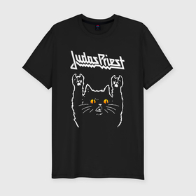 Мужская футболка хлопок Slim с принтом Judas Priest rock cat в Кировске, 92% хлопок, 8% лайкра | приталенный силуэт, круглый вырез ворота, длина до линии бедра, короткий рукав | 