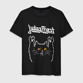 Мужская футболка хлопок с принтом Judas Priest rock cat в Новосибирске, 100% хлопок | прямой крой, круглый вырез горловины, длина до линии бедер, слегка спущенное плечо. | Тематика изображения на принте: 