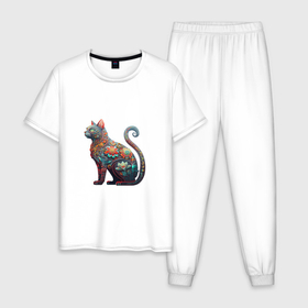 Мужская пижама хлопок с принтом Хохломской котик в Белгороде, 100% хлопок | брюки и футболка прямого кроя, без карманов, на брюках мягкая резинка на поясе и по низу штанин
 | 