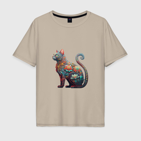 Мужская футболка хлопок Oversize с принтом Хохломской котик в Санкт-Петербурге, 100% хлопок | свободный крой, круглый ворот, “спинка” длиннее передней части | 