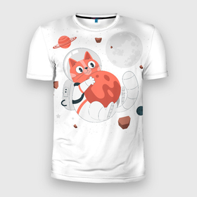 Мужская футболка 3D Slim с принтом Милый котик космонавт , 100% полиэстер с улучшенными характеристиками | приталенный силуэт, круглая горловина, широкие плечи, сужается к линии бедра | 