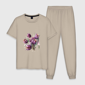 Мужская пижама хлопок с принтом Акварельные тюльпаны , 100% хлопок | брюки и футболка прямого кроя, без карманов, на брюках мягкая резинка на поясе и по низу штанин
 | 