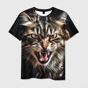 Мужская футболка 3D с принтом Вредный полосатый кот в Петрозаводске, 100% полиэфир | прямой крой, круглый вырез горловины, длина до линии бедер | 