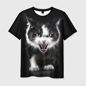 Мужская футболка 3D с принтом Черно белый атакующий кот в Белгороде, 100% полиэфир | прямой крой, круглый вырез горловины, длина до линии бедер | 