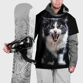 Накидка на куртку 3D с принтом Черно белый орущий кот в Тюмени, 100% полиэстер |  | 