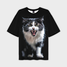 Мужская футболка oversize 3D с принтом Черно белый орущий кот в Тюмени,  |  | 