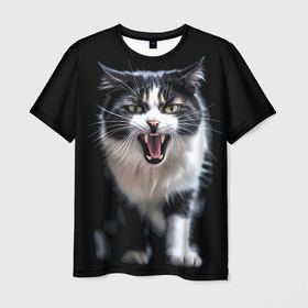 Мужская футболка 3D с принтом Черно белый орущий кот в Тюмени, 100% полиэфир | прямой крой, круглый вырез горловины, длина до линии бедер | 