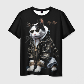 Мужская футболка 3D с принтом Hip hop cat в Кировске, 100% полиэфир | прямой крой, круглый вырез горловины, длина до линии бедер | 