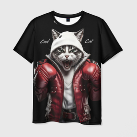 Мужская футболка 3D с принтом Cool fighting cat в Петрозаводске, 100% полиэфир | прямой крой, круглый вырез горловины, длина до линии бедер | 