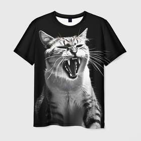 Мужская футболка 3D с принтом Орущий вредный кот в Тюмени, 100% полиэфир | прямой крой, круглый вырез горловины, длина до линии бедер | 