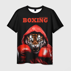 Мужская футболка 3D с принтом Boxing tiger в Тюмени, 100% полиэфир | прямой крой, круглый вырез горловины, длина до линии бедер | 