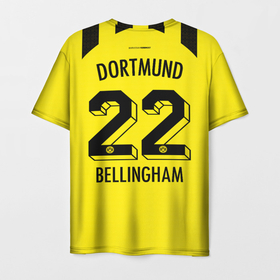 Мужская футболка 3D с принтом Беллингем Боруссия Дортмунд форма 22 23 домашняя в Белгороде, 100% полиэфир | прямой крой, круглый вырез горловины, длина до линии бедер | 