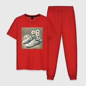 Мужская пижама хлопок с принтом Кеды в ромашках   нейросеть в Петрозаводске, 100% хлопок | брюки и футболка прямого кроя, без карманов, на брюках мягкая резинка на поясе и по низу штанин
 | 
