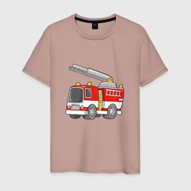 Мужская футболка хлопок с принтом Красная пожарная машина в Новосибирске, 100% хлопок | прямой крой, круглый вырез горловины, длина до линии бедер, слегка спущенное плечо. | 
