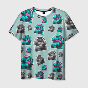 Мужская футболка 3D с принтом обезьяна меломан в Санкт-Петербурге, 100% полиэфир | прямой крой, круглый вырез горловины, длина до линии бедер | Тематика изображения на принте: 