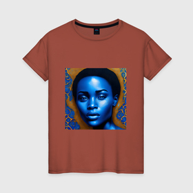Женская футболка хлопок с принтом Красивая девушка в синем цвете   нейросеть в Тюмени, 100% хлопок | прямой крой, круглый вырез горловины, длина до линии бедер, слегка спущенное плечо | Тематика изображения на принте: 
