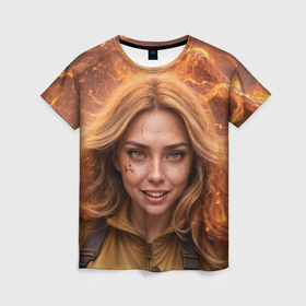 Женская футболка 3D с принтом Девушка в огне , 100% полиэфир ( синтетическое хлопкоподобное полотно) | прямой крой, круглый вырез горловины, длина до линии бедер | Тематика изображения на принте: 