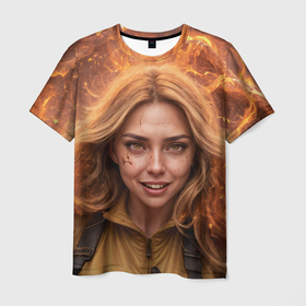 Мужская футболка 3D с принтом Девушка в огне , 100% полиэфир | прямой крой, круглый вырез горловины, длина до линии бедер | Тематика изображения на принте: 