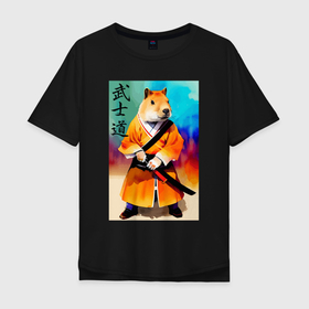 Мужская футболка хлопок Oversize с принтом Капибара   Бусидо   кодекс самурая   нейросеть в Тюмени, 100% хлопок | свободный крой, круглый ворот, “спинка” длиннее передней части | Тематика изображения на принте: 