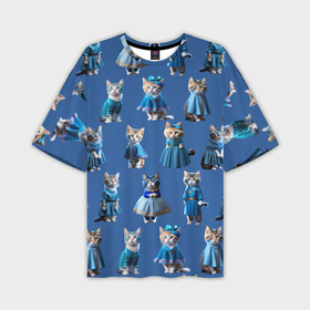 Мужская футболка oversize 3D с принтом Коты в голубых костюмчиках   синий фон в Санкт-Петербурге,  |  | 