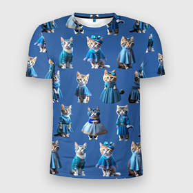 Мужская футболка 3D Slim с принтом Коты в голубых костюмчиках   синий фон в Санкт-Петербурге, 100% полиэстер с улучшенными характеристиками | приталенный силуэт, круглая горловина, широкие плечи, сужается к линии бедра | 