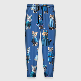 Мужские брюки 3D с принтом Коты в голубых костюмчиках   синий фон в Санкт-Петербурге, 100% полиэстер | манжеты по низу, эластичный пояс регулируется шнурком, по бокам два кармана без застежек, внутренняя часть кармана из мелкой сетки | 