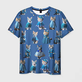 Мужская футболка 3D с принтом Коты в голубых костюмчиках   синий фон в Санкт-Петербурге, 100% полиэфир | прямой крой, круглый вырез горловины, длина до линии бедер | 