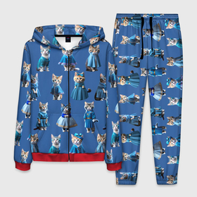 Мужской костюм 3D с принтом Коты в голубых костюмчиках   синий фон в Санкт-Петербурге, 100% полиэстер | Манжеты и пояс оформлены тканевой резинкой, двухслойный капюшон со шнурком для регулировки, карманы спереди | 