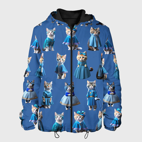 Мужская куртка 3D с принтом Коты в голубых костюмчиках   синий фон в Санкт-Петербурге, ткань верха — 100% полиэстер, подклад — флис | прямой крой, подол и капюшон оформлены резинкой с фиксаторами, два кармана без застежек по бокам, один большой потайной карман на груди. Карман на груди застегивается на липучку | 