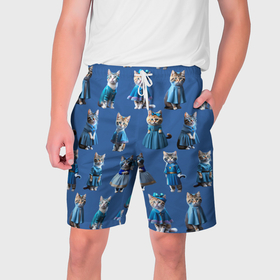 Мужские шорты 3D с принтом Коты в голубых костюмчиках   синий фон в Петрозаводске,  полиэстер 100% | прямой крой, два кармана без застежек по бокам. Мягкая трикотажная резинка на поясе, внутри которой широкие завязки. Длина чуть выше колен | 