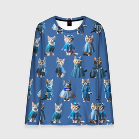 Мужской лонгслив 3D с принтом Коты в голубых костюмчиках   синий фон в Санкт-Петербурге, 100% полиэстер | длинные рукава, круглый вырез горловины, полуприлегающий силуэт | 
