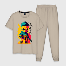 Мужская пижама хлопок с принтом Bart Simpson   samurai   bushido в Белгороде, 100% хлопок | брюки и футболка прямого кроя, без карманов, на брюках мягкая резинка на поясе и по низу штанин
 | Тематика изображения на принте: 