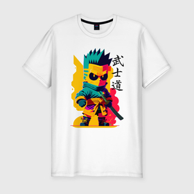 Мужская футболка хлопок Slim с принтом Bart Simpson   samurai   bushido в Белгороде, 92% хлопок, 8% лайкра | приталенный силуэт, круглый вырез ворота, длина до линии бедра, короткий рукав | Тематика изображения на принте: 