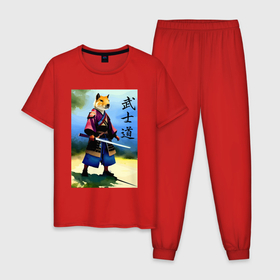 Мужская пижама хлопок с принтом Капибара самурай   бусидо   акварель в Петрозаводске, 100% хлопок | брюки и футболка прямого кроя, без карманов, на брюках мягкая резинка на поясе и по низу штанин
 | 