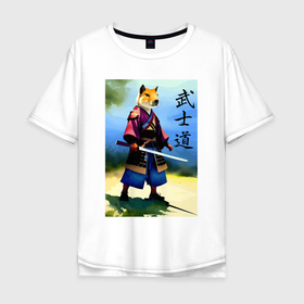 Мужская футболка хлопок Oversize с принтом Капибара самурай   бусидо   акварель в Санкт-Петербурге, 100% хлопок | свободный крой, круглый ворот, “спинка” длиннее передней части | 