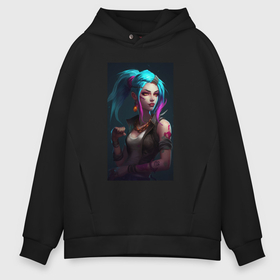 Мужское худи Oversize хлопок с принтом Jinx    Arcane League of Legends в Санкт-Петербурге, френч-терри — 70% хлопок, 30% полиэстер. Мягкий теплый начес внутри —100% хлопок | боковые карманы, эластичные манжеты и нижняя кромка, капюшон на магнитной кнопке | 