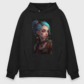 Мужское худи Oversize хлопок с принтом Jinx art  Arcane League  of  Legends в Кировске, френч-терри — 70% хлопок, 30% полиэстер. Мягкий теплый начес внутри —100% хлопок | боковые карманы, эластичные манжеты и нижняя кромка, капюшон на магнитной кнопке | 