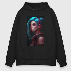 Мужское худи Oversize хлопок с принтом Jinx art Arcane League  of  Legends в Кировске, френч-терри — 70% хлопок, 30% полиэстер. Мягкий теплый начес внутри —100% хлопок | боковые карманы, эластичные манжеты и нижняя кромка, капюшон на магнитной кнопке | 