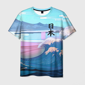 Мужская футболка 3D с принтом Japan   landscape   waves в Тюмени, 100% полиэфир | прямой крой, круглый вырез горловины, длина до линии бедер | 