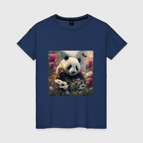 Женская футболка хлопок с принтом Панда в цветах   нейросеть в Екатеринбурге, 100% хлопок | прямой крой, круглый вырез горловины, длина до линии бедер, слегка спущенное плечо | 