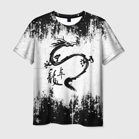 Мужская футболка 3D с принтом Японский дракон с иероглифами , 100% полиэфир | прямой крой, круглый вырез горловины, длина до линии бедер | 