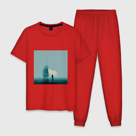 Мужская пижама хлопок с принтом Океан   минимализм   нейросеть в Петрозаводске, 100% хлопок | брюки и футболка прямого кроя, без карманов, на брюках мягкая резинка на поясе и по низу штанин
 | 