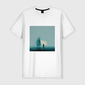 Мужская футболка хлопок Slim с принтом Океан   минимализм   нейросеть в Екатеринбурге, 92% хлопок, 8% лайкра | приталенный силуэт, круглый вырез ворота, длина до линии бедра, короткий рукав | 