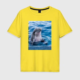 Мужская футболка хлопок Oversize с принтом Дельфин приветливый в Санкт-Петербурге, 100% хлопок | свободный крой, круглый ворот, “спинка” длиннее передней части | Тематика изображения на принте: 