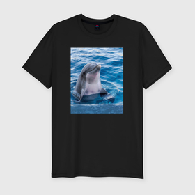 Мужская футболка хлопок Slim с принтом Дельфин приветливый в Петрозаводске, 92% хлопок, 8% лайкра | приталенный силуэт, круглый вырез ворота, длина до линии бедра, короткий рукав | Тематика изображения на принте: 