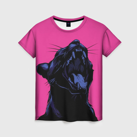 Женская футболка 3D с принтом Пантера на розовом фоне в Петрозаводске, 100% полиэфир ( синтетическое хлопкоподобное полотно) | прямой крой, круглый вырез горловины, длина до линии бедер | 