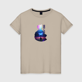 Женская футболка хлопок с принтом Силуэт Шинобу Кочо и светящаяся бабочка в Петрозаводске, 100% хлопок | прямой крой, круглый вырез горловины, длина до линии бедер, слегка спущенное плечо | 