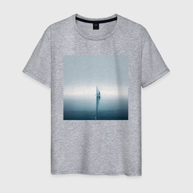 Мужская футболка хлопок с принтом Парусник в океане   минимализм   нейросеть в Курске, 100% хлопок | прямой крой, круглый вырез горловины, длина до линии бедер, слегка спущенное плечо. | 