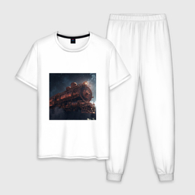 Мужская пижама хлопок с принтом паровоз в космосе в Тюмени, 100% хлопок | брюки и футболка прямого кроя, без карманов, на брюках мягкая резинка на поясе и по низу штанин
 | 