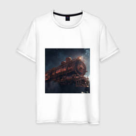 Мужская футболка хлопок с принтом паровоз в космосе в Кировске, 100% хлопок | прямой крой, круглый вырез горловины, длина до линии бедер, слегка спущенное плечо. | 